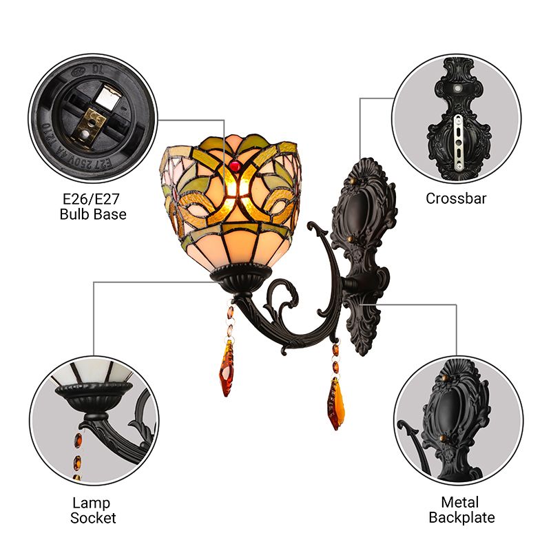 Lodge Bowl Shade Wall Sconce Lighting Fixture Stained Glass 1-Light Crystal Lighting Fixture