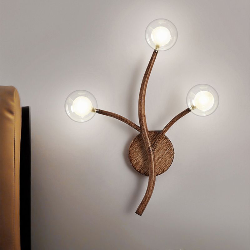 Wooden Brown Wall Mount Light Twig 3/4 Heads Farmhouse Wall Sconce Lighting with Bubble Clear Glass Shade