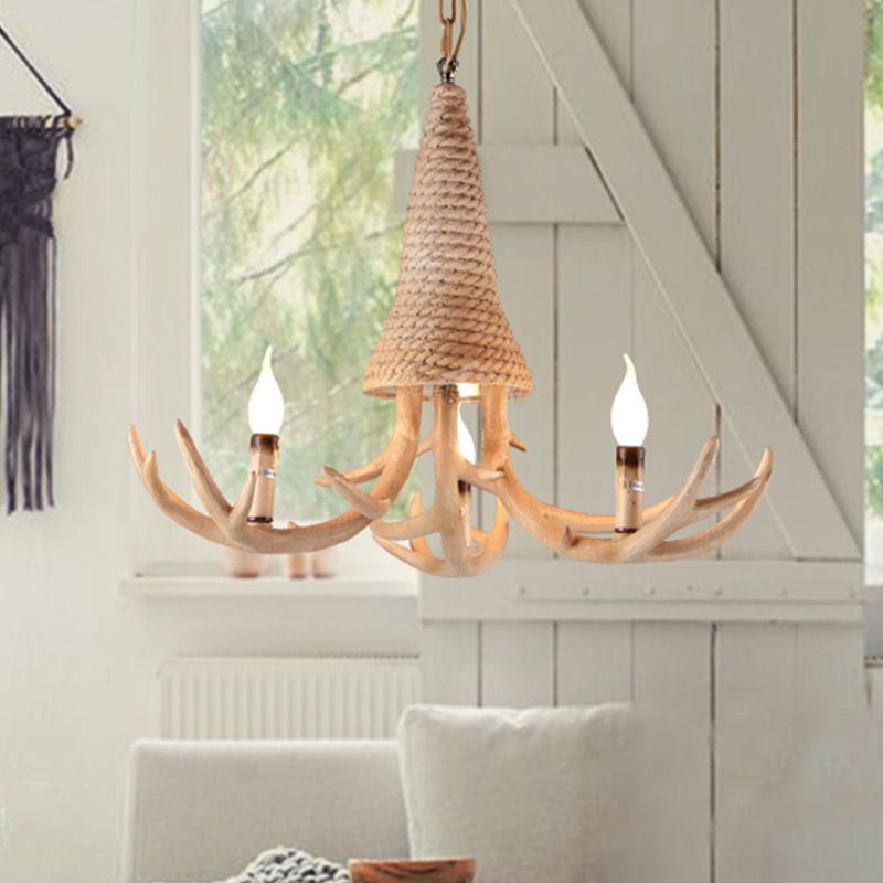 Beige Elk Shaped Chandelier Lamp Traditional Metal and Rope 3/5 Lights Living Room Hanging Light