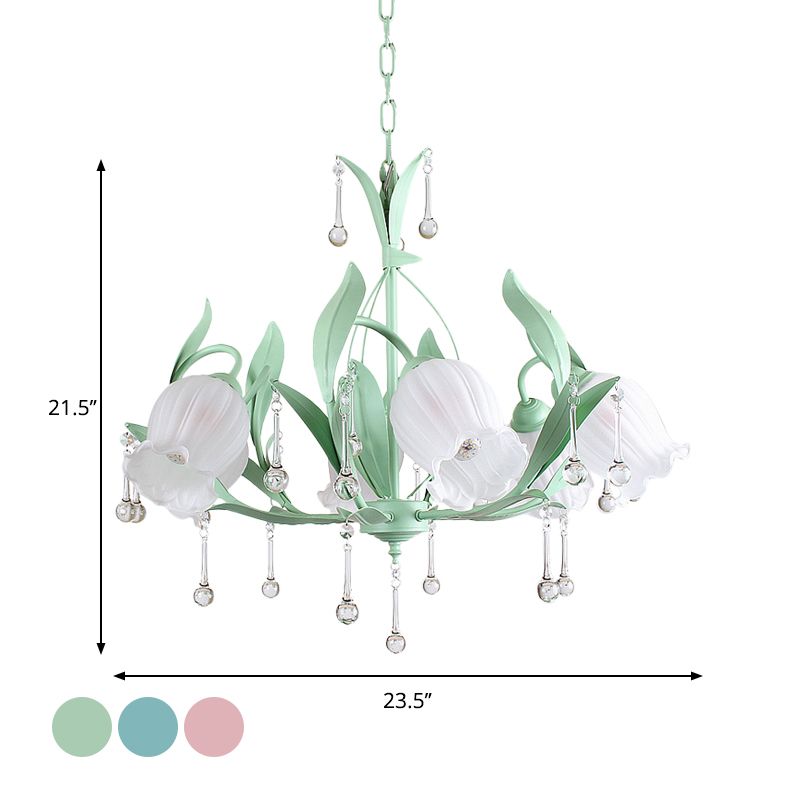Pink/Blue/Green 6 Bulbs Chandelier Lamp Traditional Crystal Balls Floral Hanging Light Kit for Bedroom