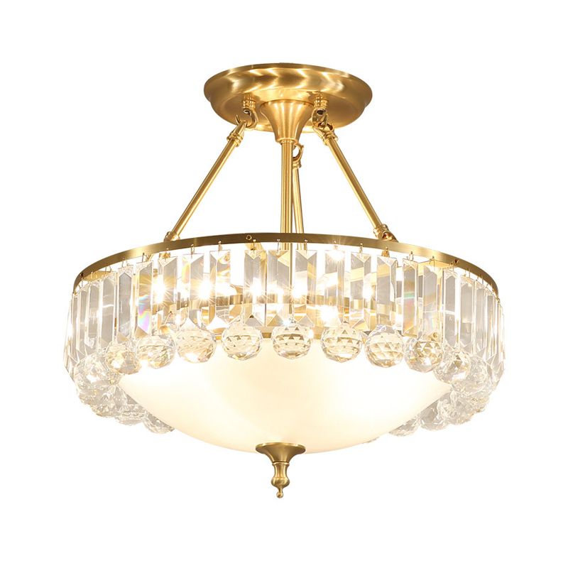 Messingkuppel halb Flush Mount Rustikale Frostglas 4 Lichter Esszimmer Deckenleuchte mit Kristallseite