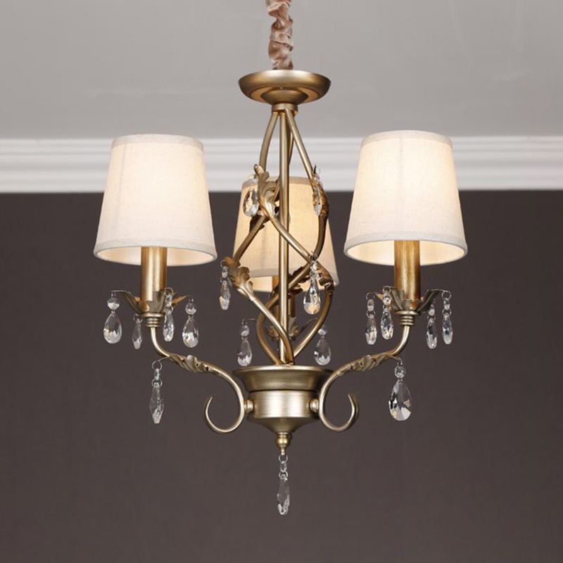 Cone Fabric Chandelier Light Classic 3 Lights Living Room Pendant Lighting in White with Crystal