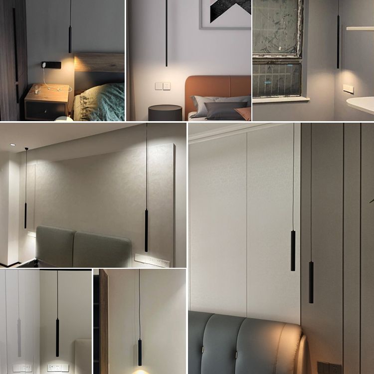 Cylinder Shape Metal Pendant Lights Contemporary Style Hanging Lamps in Black