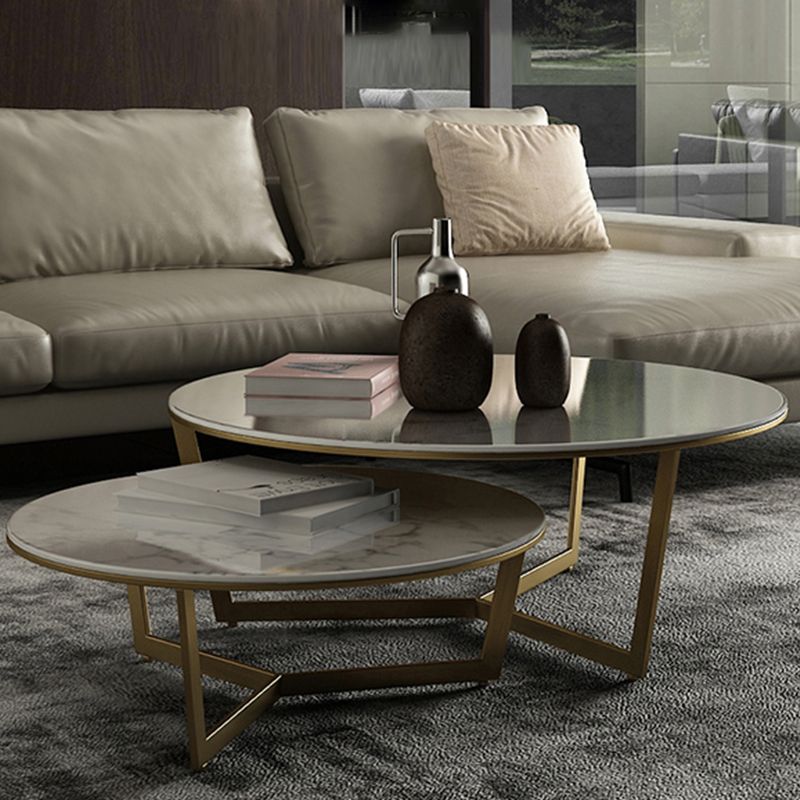 Glam White Frame Coffee Table Round Slate Top Cocktail Table