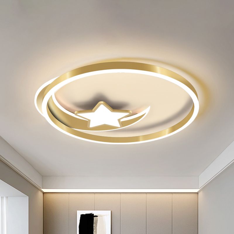 Nordic LED Flush Mount Fixture Gold Crescent and Star Ceiling Light with Acrylic Shade