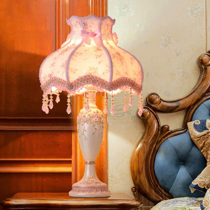 Vase Resin Night Table Lamp Pastoral 1-Head Pink Nightstand Light with Braided Trim and Drape
