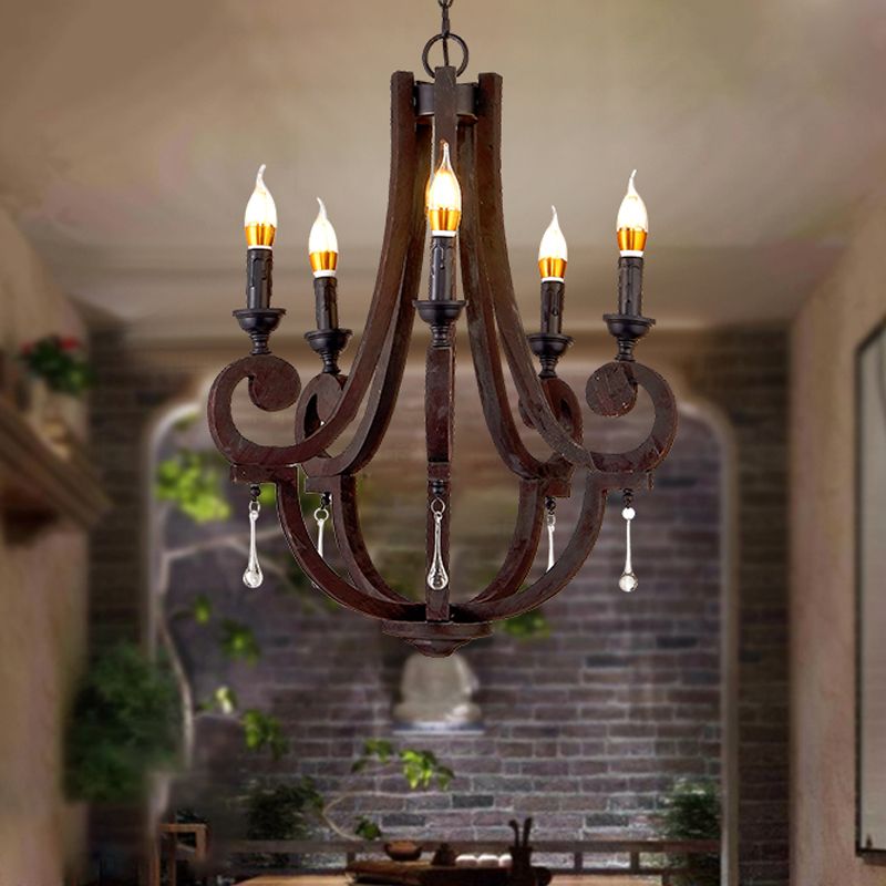Pendre de bougie brune lustre rural en bois 5 têtes Restaurant de plafond suspendu