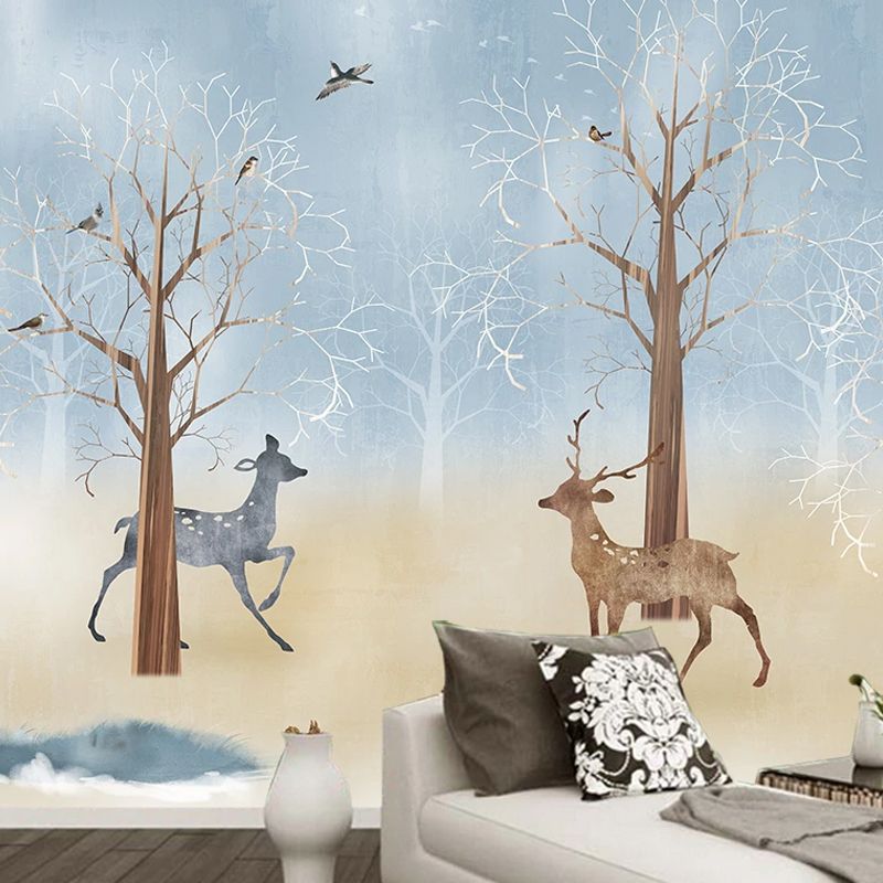 Soft Blue Nordic Wall Decor Full Size Deer and Tree Mural Wallpaper for Children's Bedroom