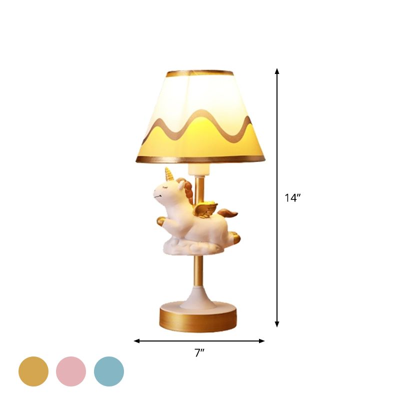 Cartoon 1 lichte tafelverlichting met stofschaduw conisch roze/blauw/gouden eenhoorn nachtkastje lamp voor studieruimte