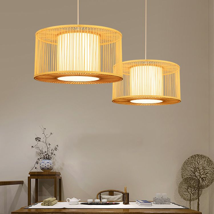 Hand-worked Drum Shaped Pendant Modern Wood 1-Light Restaurant Hanging Lighting