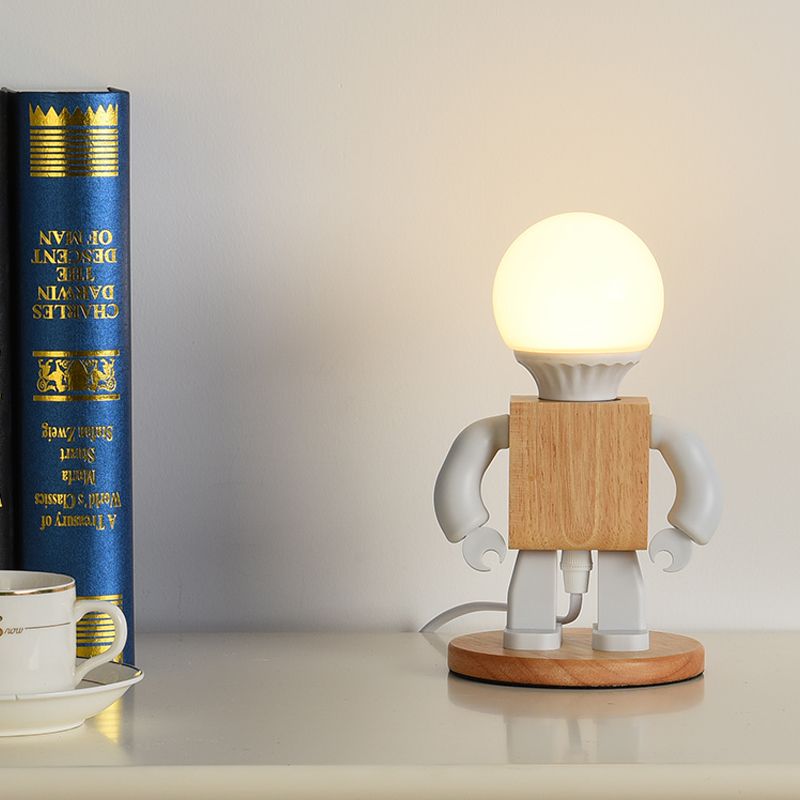 Metalen robotvorm nachtkastje lichte cartoon 1 licht wit en houten nachttafellamp voor het bedzijde