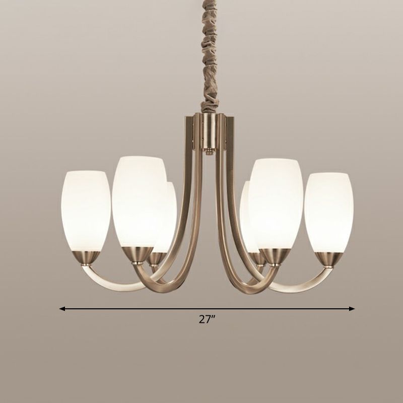 Nickel Finish Swoop Arm Chandelier Simplicity Metal Bedroom Pendant Light with Oval White Glass Shade