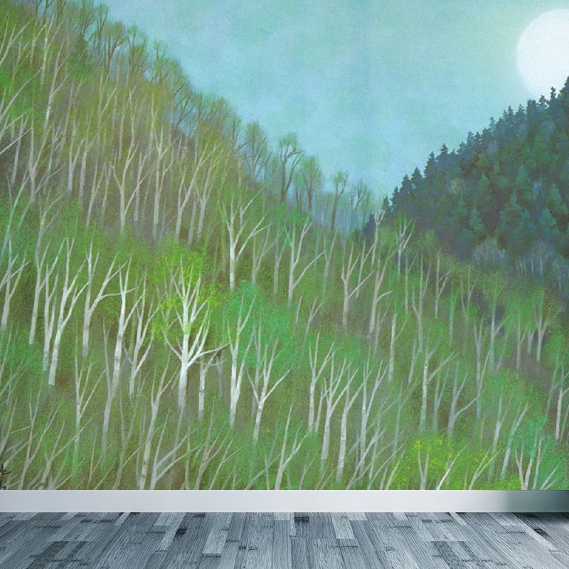 Big Grove and Moon Mural Wallpaper Contemporary Relaxing Botanical Wall Covering in Green