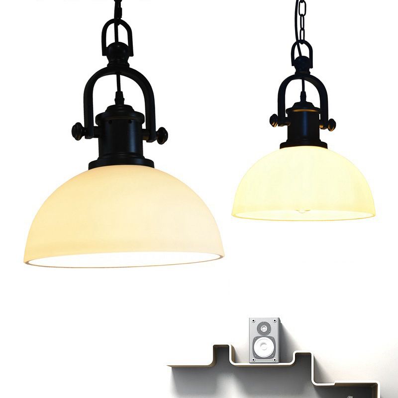 Wrought Iron Single Hanging Light in Industrial Retro Style Dome Glass Ceiling Light for Dining Room