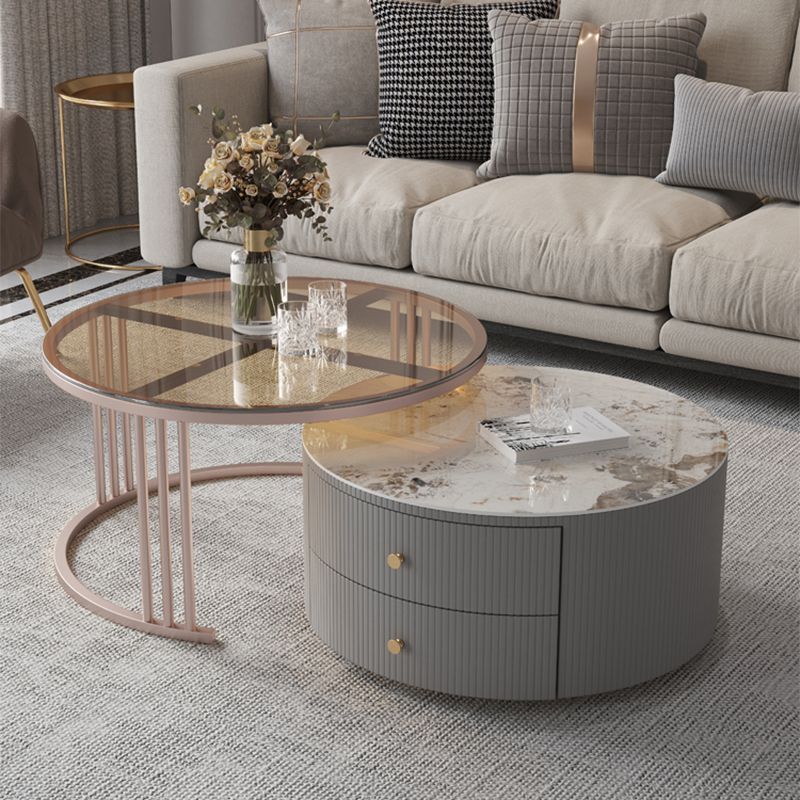 Modern Cocktail Table Round Glass / Slate Coffee Table with Storage