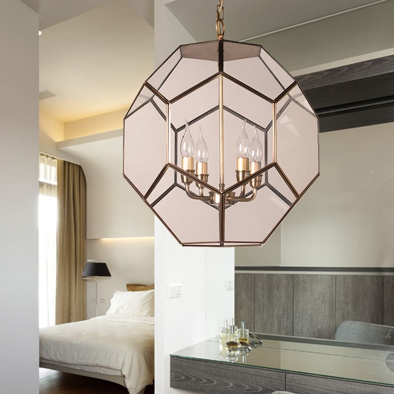 Hexagon Ceiling Chandelier Modernism Brown/ Clear Glass 4 Heads Hanging Light Fixture for Bedroom