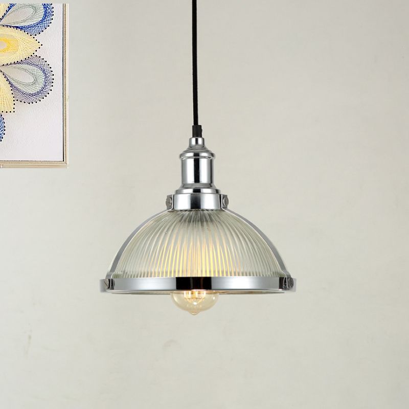 Antique Brass/Chrome Dome Ceiling Light Industrial Ribbed Glass Single Light Dining Room Pendant Lighting Fixture