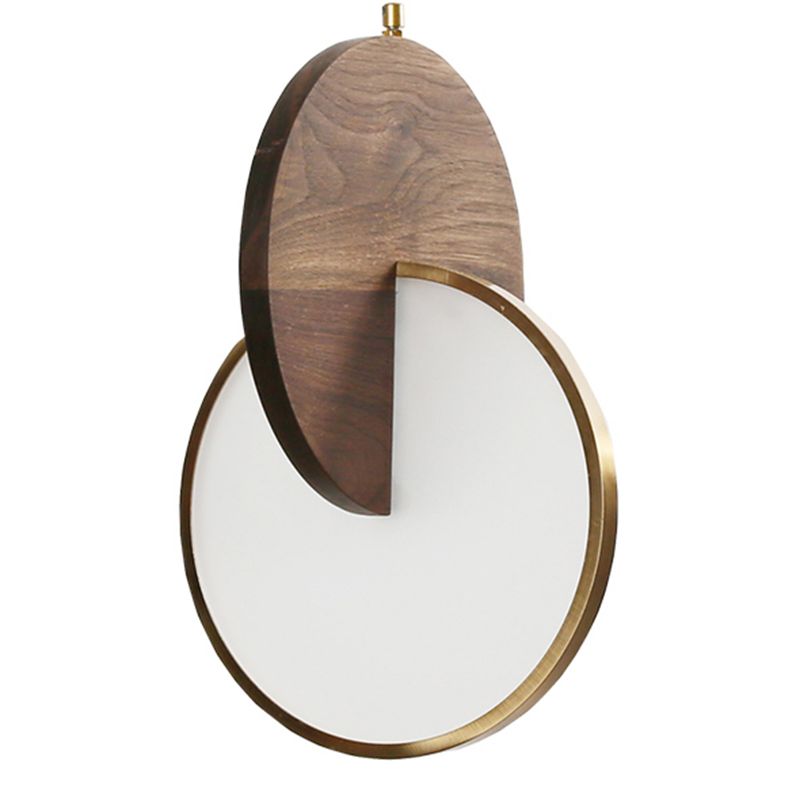 Dark Brown and Brass Disk Pendant Minimalist LED Wooden Suspension Light for Bedroom