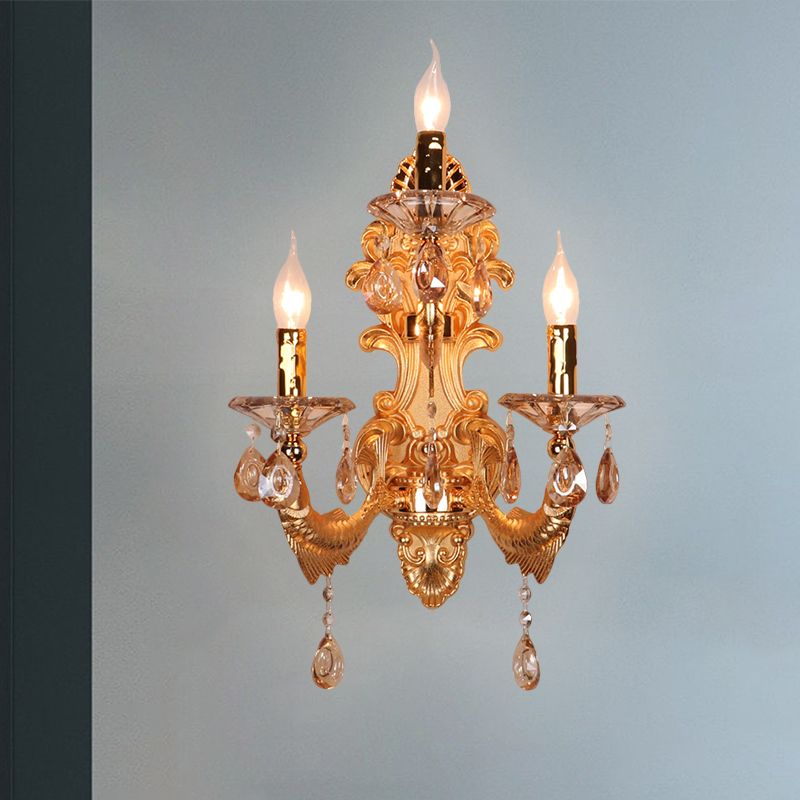 3-Head Candelabra Wall Sconce Traditional Gold Crystal Droplets Wall Lighting Fixture with Shade/Shadeless