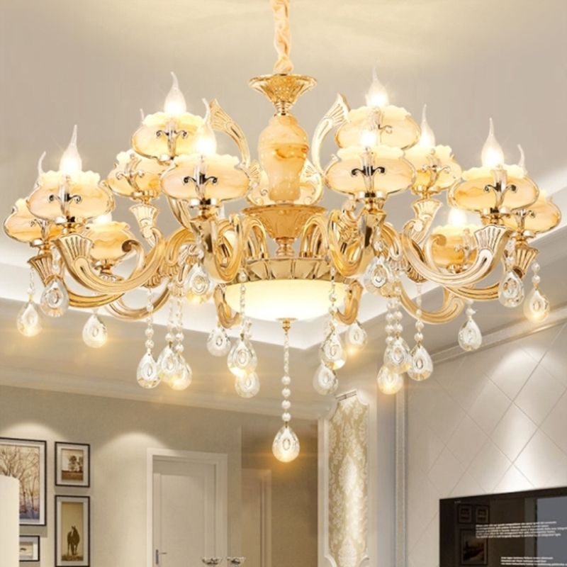 Gouden bloemenschaduw kroonluchter licht retro glas woonkamer hanglamp lamp met hangende kristal