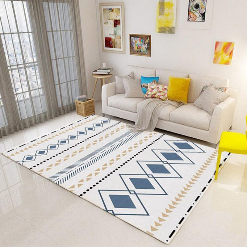 White Vintage Rug Polyester Diamond Rug Stain Resistant Rug for Living Room