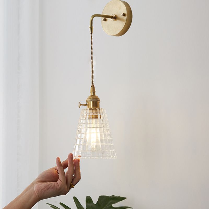Tapered Clear Textured Glass Wall Hanging Light Industrial Single Bulb Bedroom Sconce Lamp in Brass