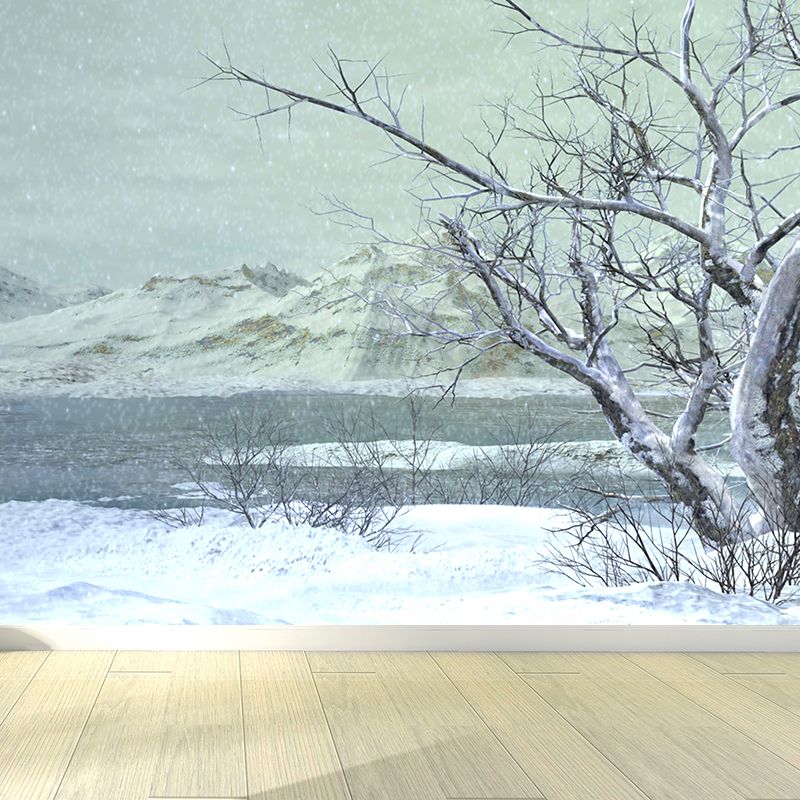 Illustration Style Winter Hills Mural Giant Wall Covering for Dining Room, Custom