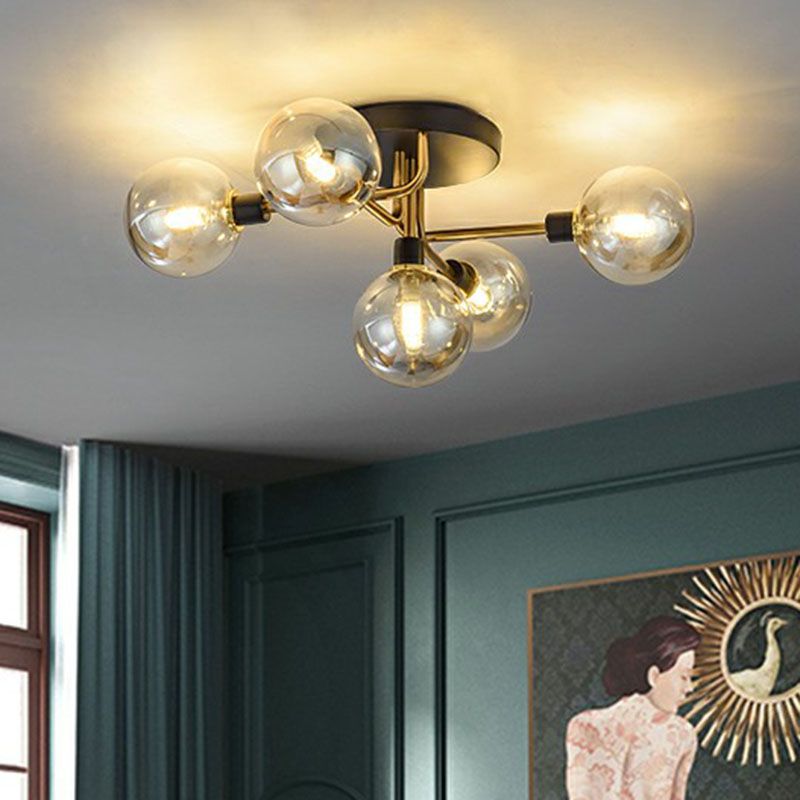 Ball Shaped Bedroom Ceiling Lamp Glass 5-Light Contemporary Semi-Flush Mount Light in Black-Brass