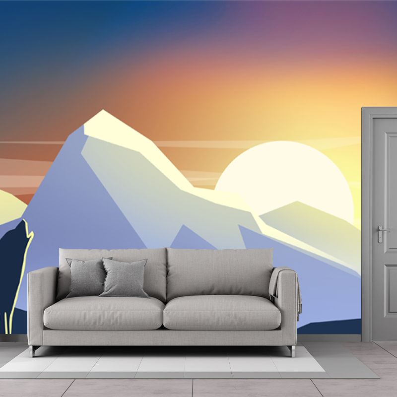 Yellow-White Modern Mural Decal Large Wolf Howl at Sunset Print Wall Covering for Home