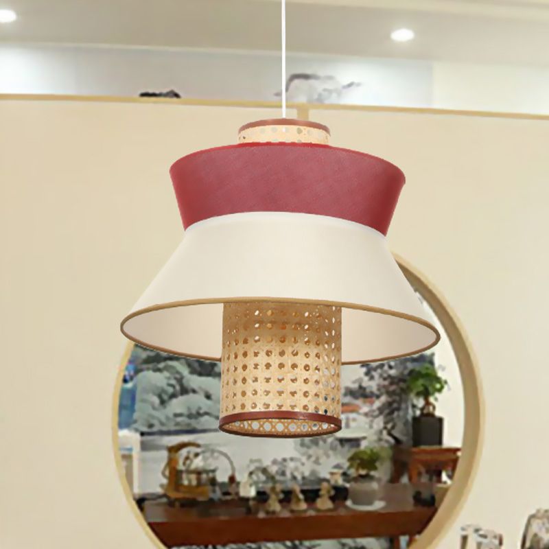 Pink Flared Ceiling Suspension Lamp Asian Style Single Bulb Rattan Hanging Light Kit for Dining Room