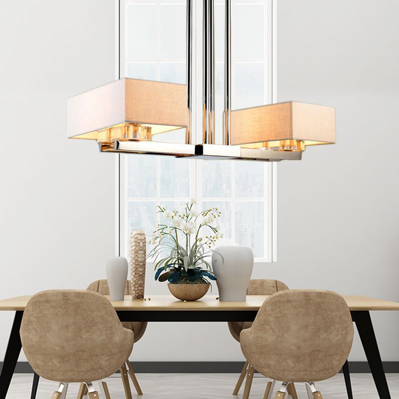 Fabric Chrome Hanging Pendant Light Rectangle 2/4/6 Bulbs Classic Island Lamp for Dining Room