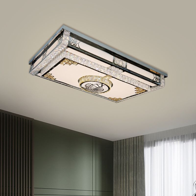 Modern Rectangle Flush Mount Lamp Clear Crystal Blocks LED Ceiling Fixture in Stainless-Steel