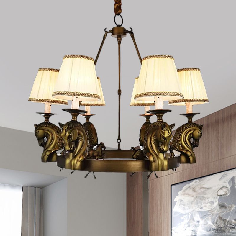 Luminaire luminaire en tissu conique country 6 têtes de salon suspendu en blanc / bronze avec conception de tête de cheval en métal