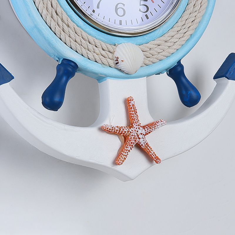Child Bedroom Anchor Rudder Wall Light with Clock Wood Nautical Stylish Blue Wall Lamp