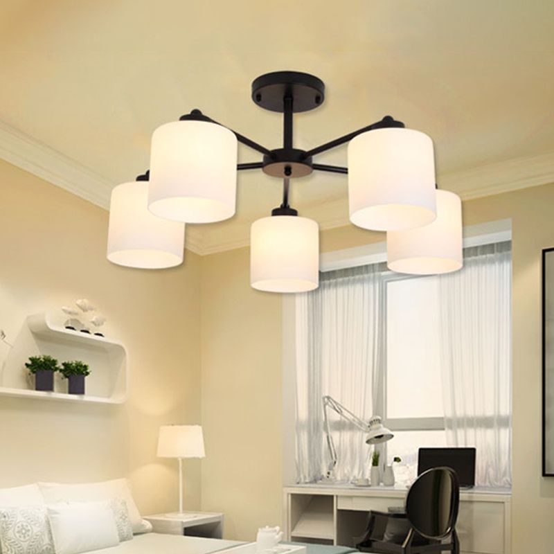 Cylinder Shaped Bedroom Ceiling Lighting Rustic Opal Glass Black Finish Chandelier Light