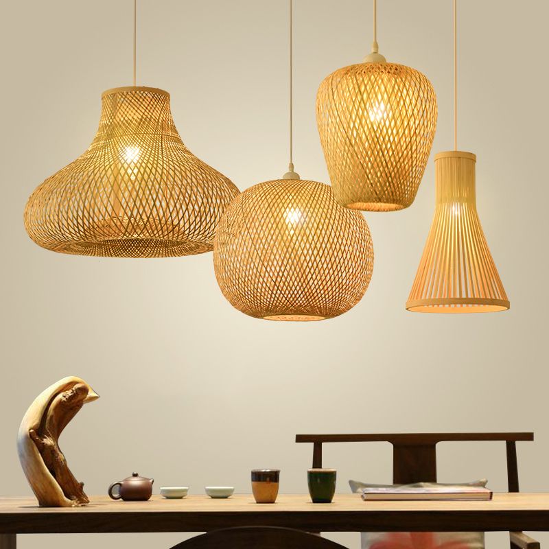 Woven Ceiling Light Modern Bamboo Single Wood Hanging Pendant Light for Restaurant