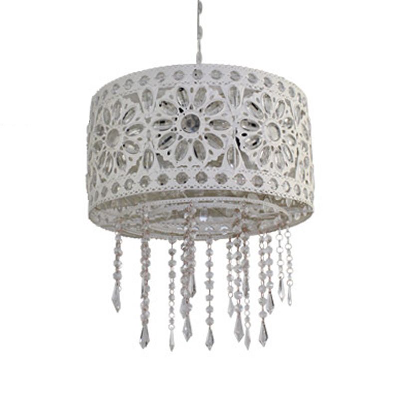 Drum Restaurant Chandelier Lighting Art Deco Metal 3 Bulbs White/Black Pendant Light Fixture with Crystal Accent