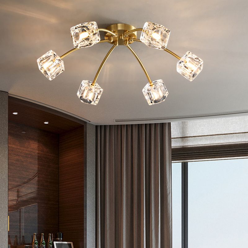 Brass Starburst Ceiling Mount Light Postmodern Crystal Cube 6/10 Heads Living Room Semi Flush Mounted Lamp