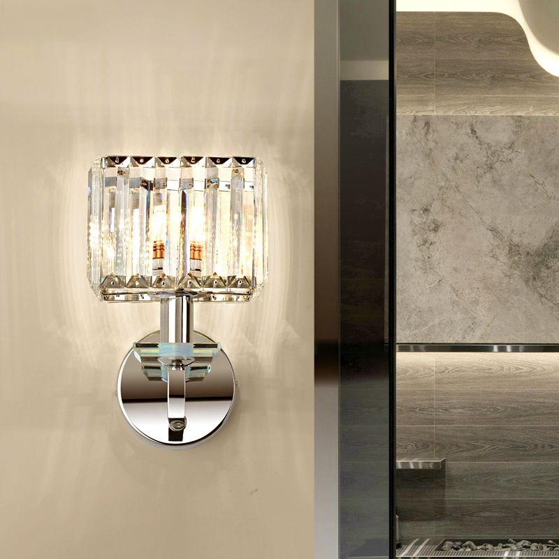 Cubic Wall Light Contemporary Metal 1 Light Chrome Finish Wall Sconce Fixture with Clear Crystal Block