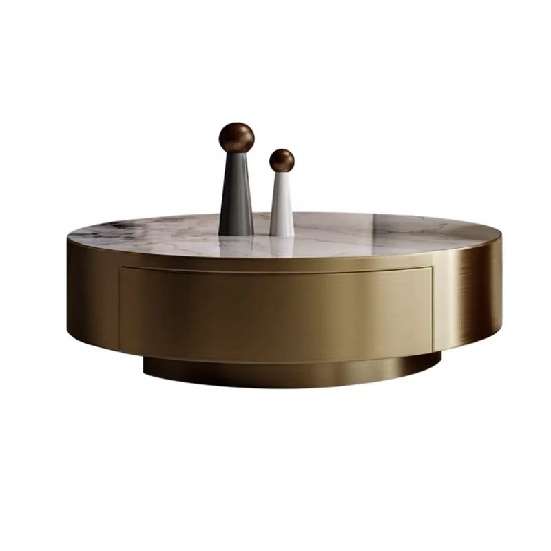 Glam Cocktail Table Drum Slate with Drawer Round Single Coffee Table