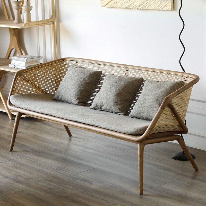 Rattan Linen Sofa 25.59" High Sloped Arm Sofa with Loose Back for Living Room
