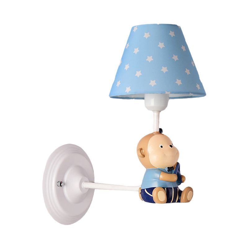 Cone Kids Bedside Wall Mounted Light Fabric 1 Light Cartoon Sconce Ideas in Blue/Red with Little Bear Decor