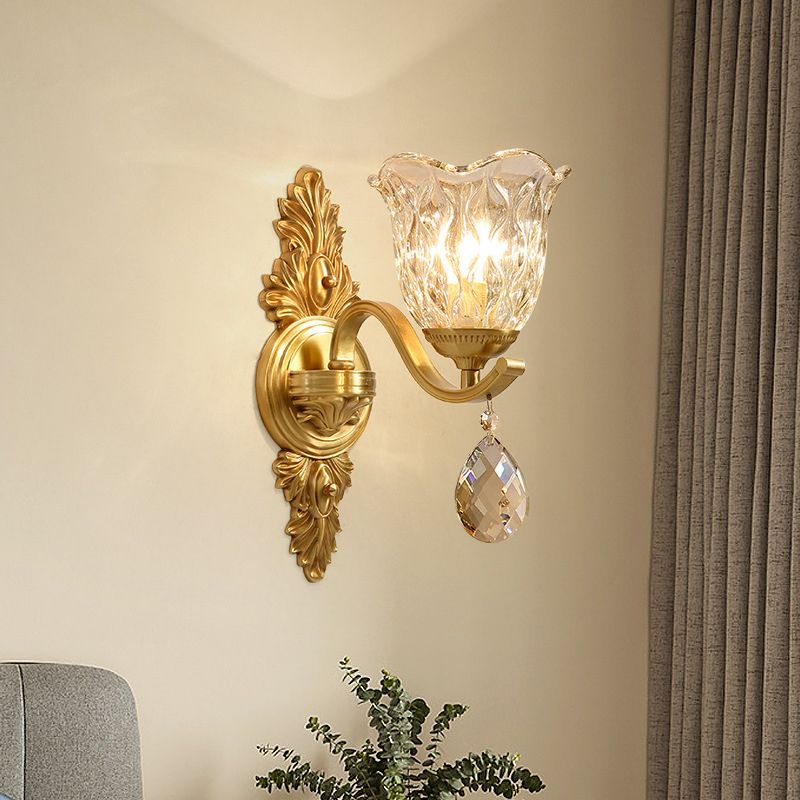 Handblown Glass Scalloped Bell Wall Lamp Simplicity Single Corridor Wall Light with Crystal Draping in Gold