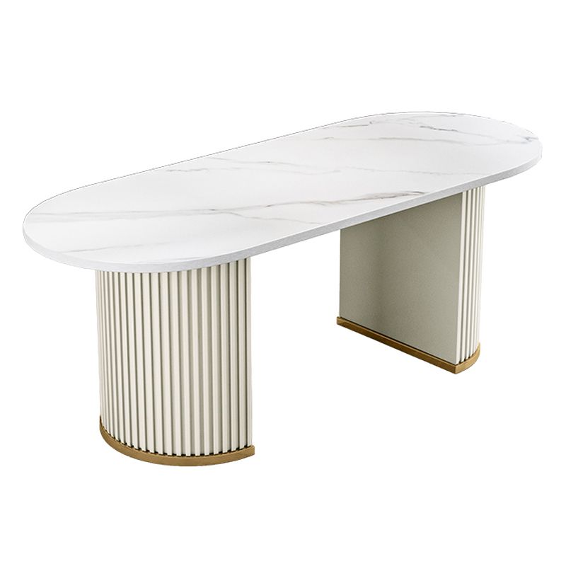 Eigentijdse ovale eettafel gesinterde stenen eettafel met dubbel voetstuk
