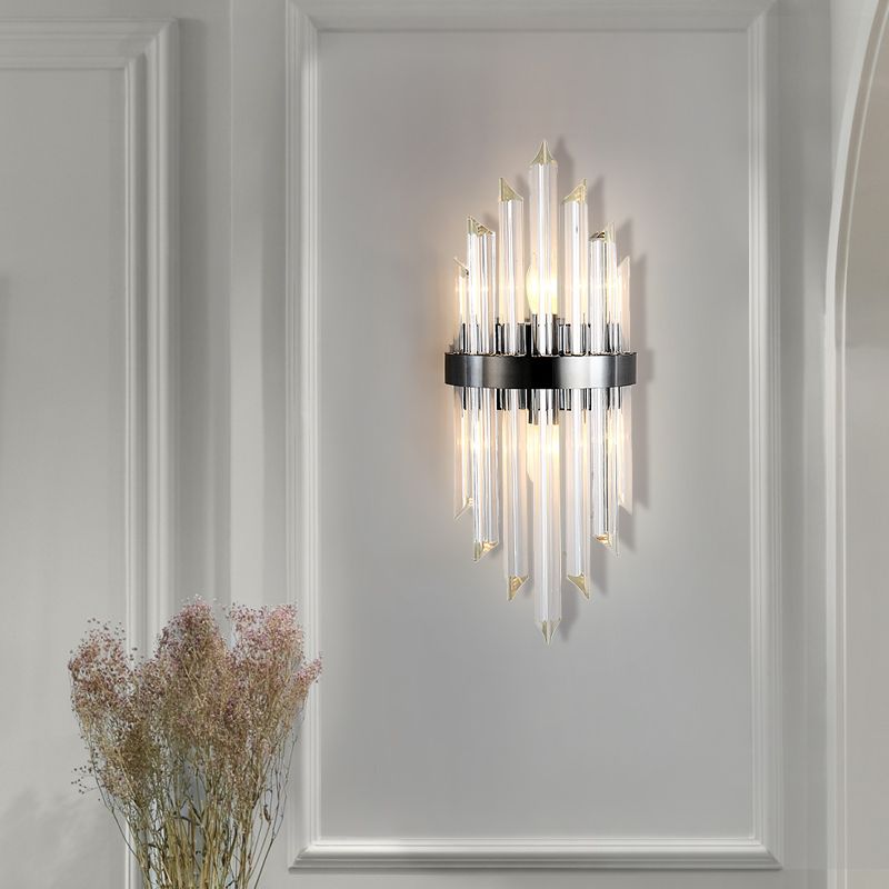 Postmodern Half-Cylinder Sconce Light Fixture Three Side Crystal Rod 2 Heads Living Room Wall Mount Light