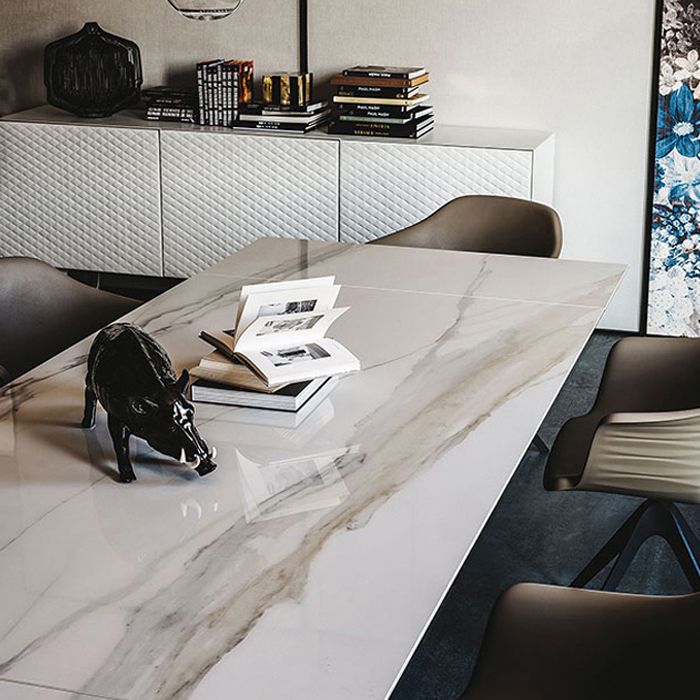 Mesa superior de piedra sinterizada industrial Mesa de comedor Mesa rectangular con pedestal de metal