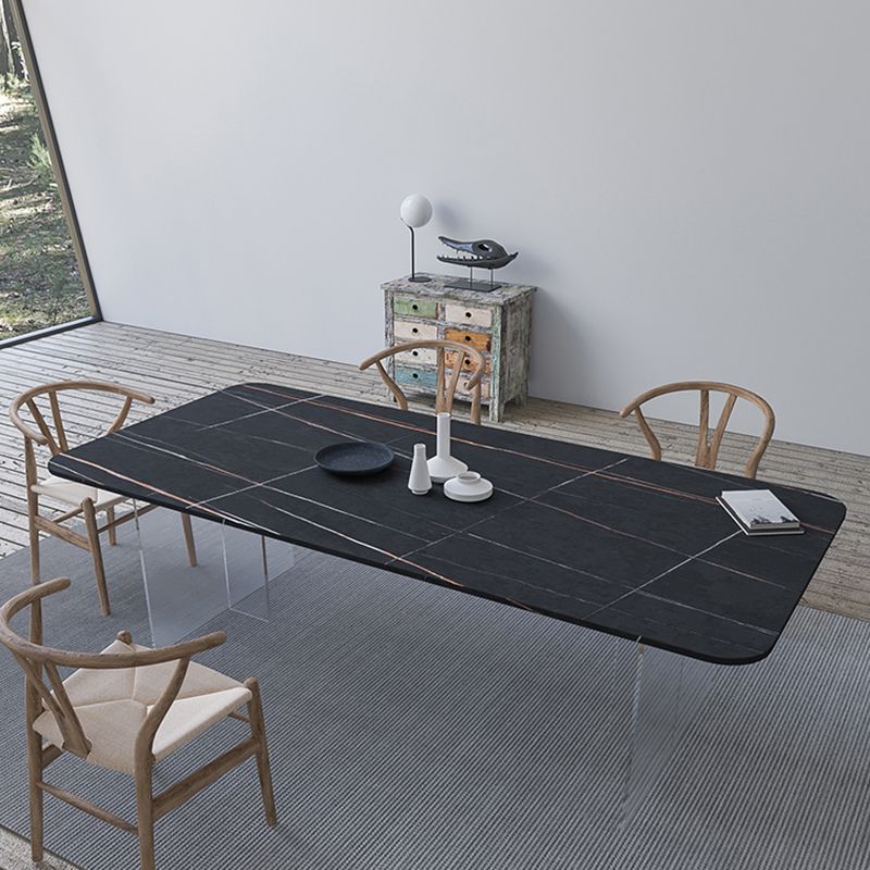 Contemporary Rectangle Dining Table Sintered Stone Dining Table with Clear Acrylic Double Pedestal