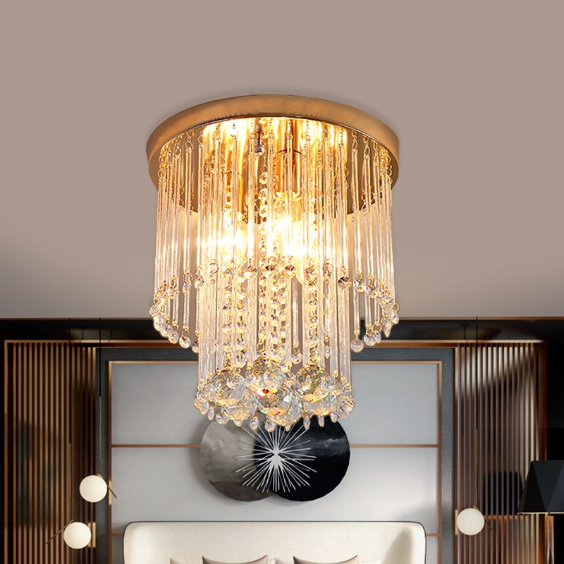 2 Bulbs Flush Mount Minimalist 2-Layered Cylinder Clear Crystal Ceiling Light Fixture in Gold