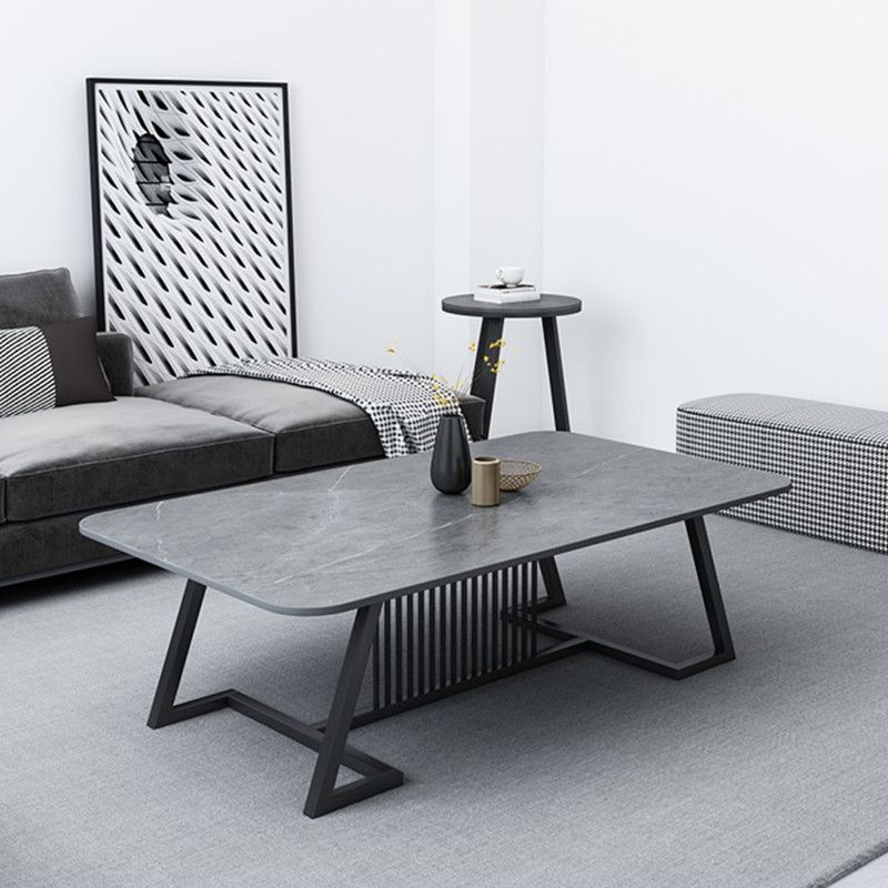 Rectangle Stone Top Coffee Table with Black Metal Trestle Base