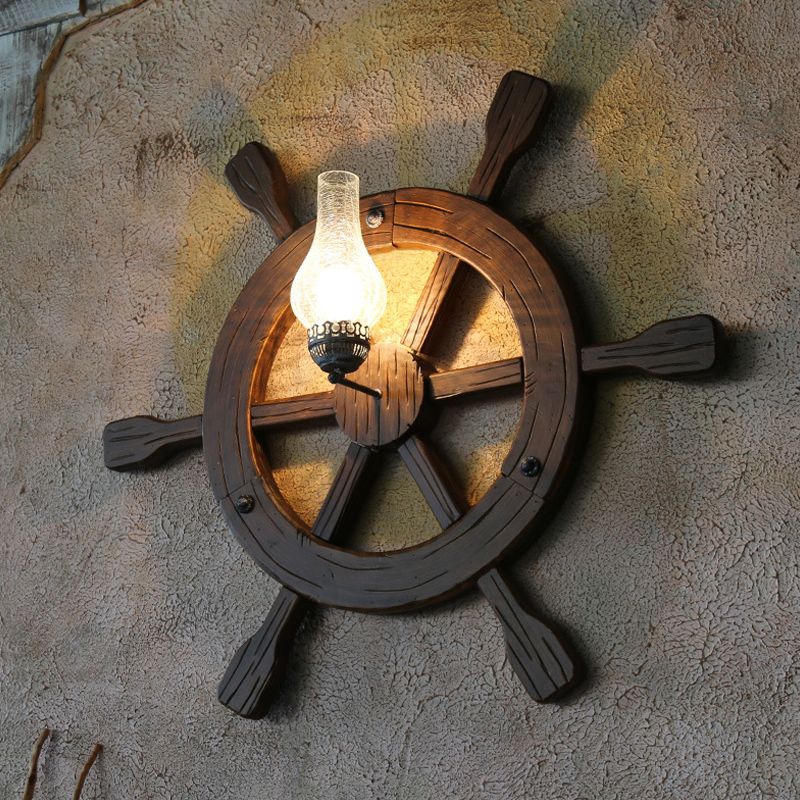 Black 1 Head Sconce Lamp Retro Amber Crackle Glass Vase Wall Light Sconce with Wood Rudder Deco